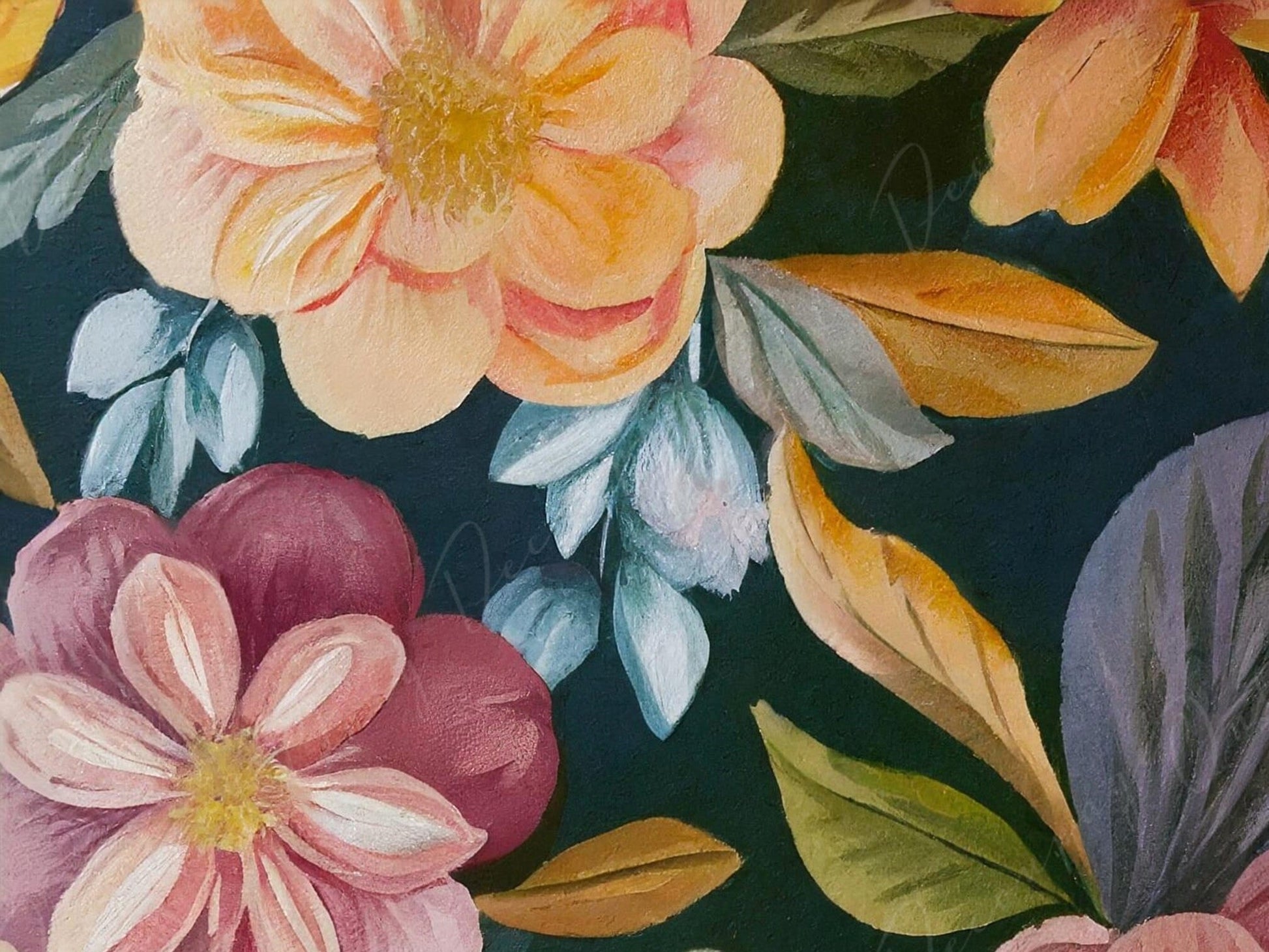 Floral Decoupage Paper for Furniture - Large Flowers Rice Paper - Dark Background - Yellow Spring Flowers