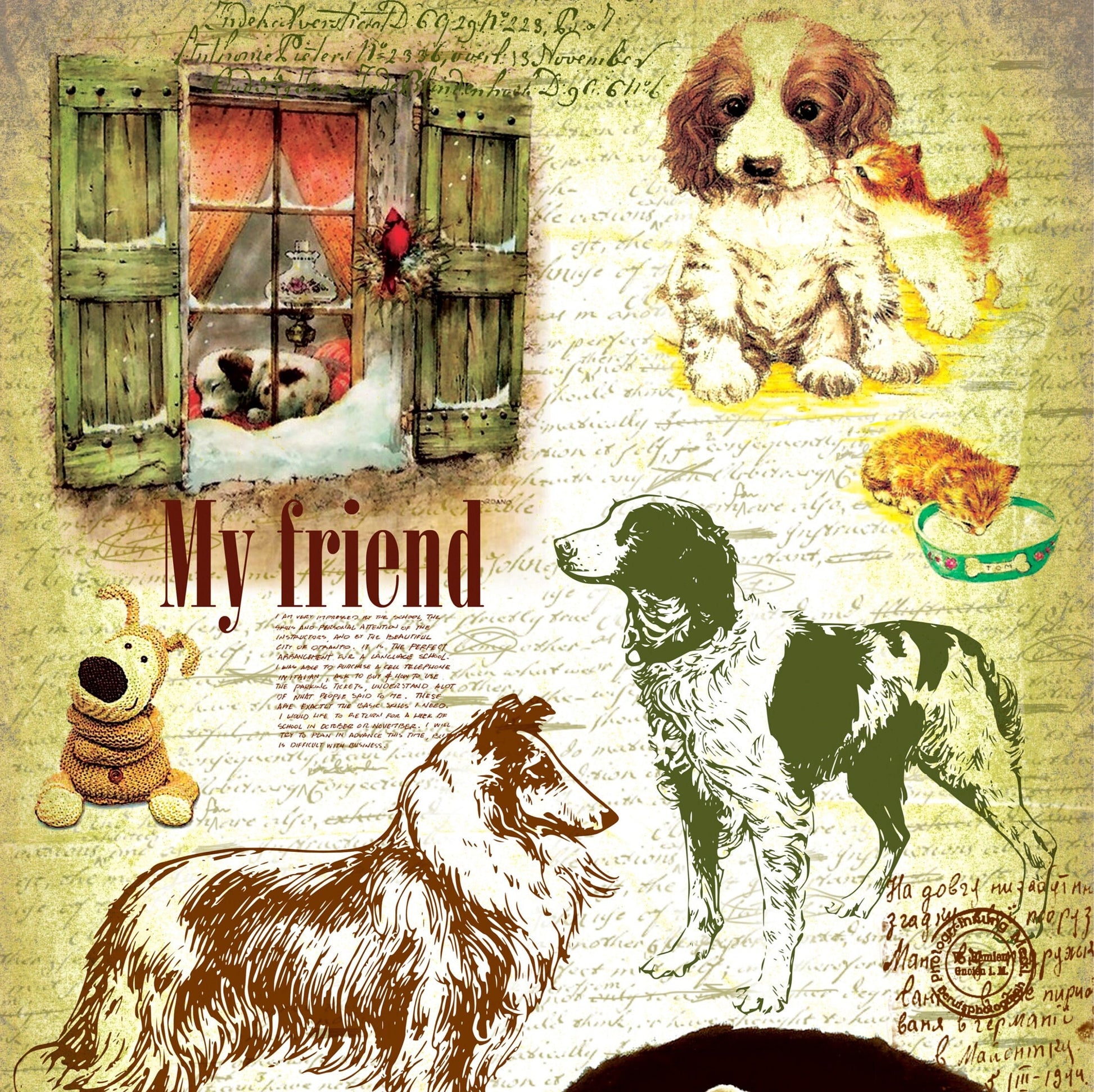 My Friend Dog - Puppy - Vintage Decoupage Art - Rice Paper - Decoupage for Furniture - Large Size Rice Paper for Decoupage