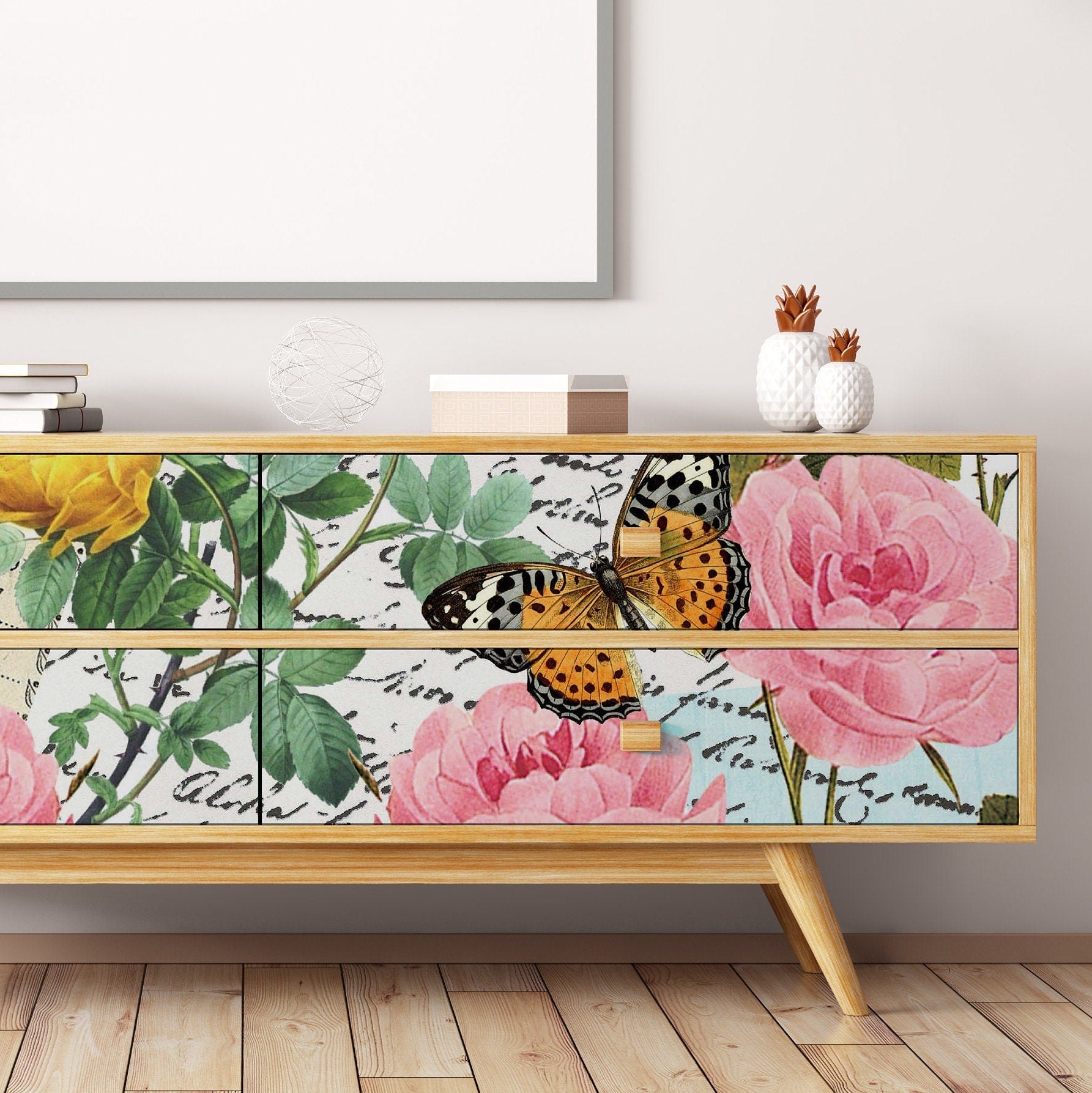 Large Rice Paper for Decoupage - Furniture Decoupage - Vintage Decoupage - Floral Decoupage Paper - Pink Yellow Rose Butterfly