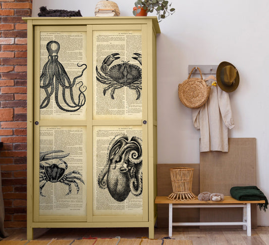 Large Rice Paper for Decoupage - Furniture Decoupage - Vintage Decoupage - Decoupage Paper - Old Book Sheet Octopus Crab
