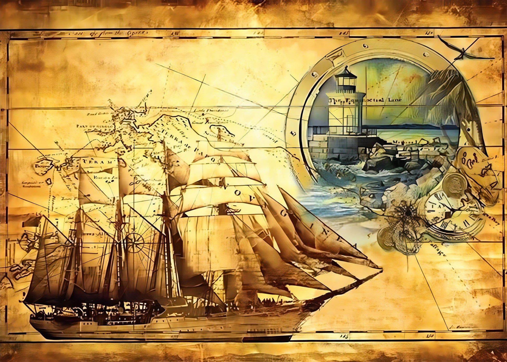 Sailer Old Map Lighthouse - Decorative Decoupage Paper - for Furniture - Large Size Options [ Brown Yellow Blue ]
