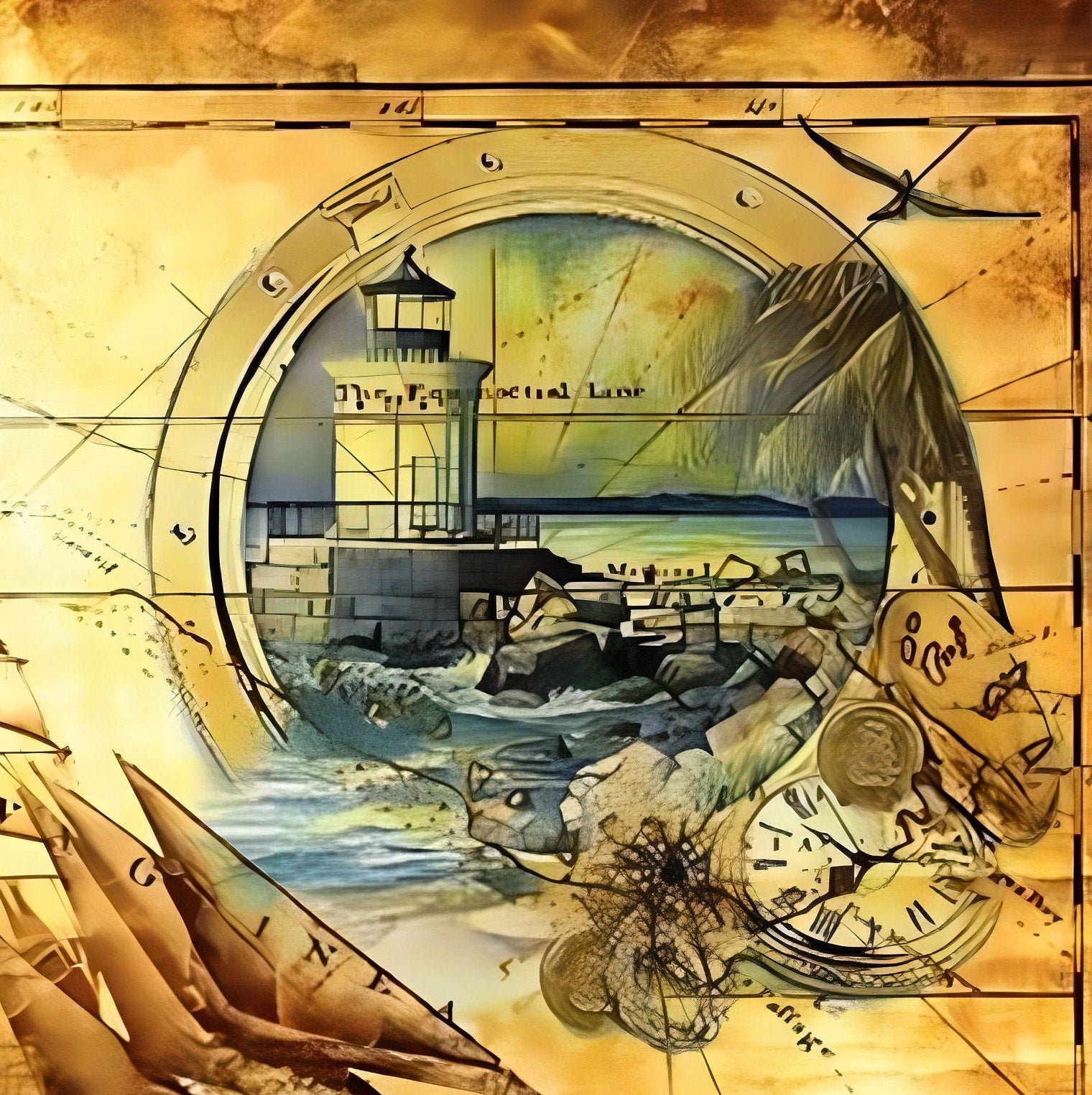 Sailer Old Map Lighthouse - Decorative Decoupage Paper - for Furniture - Large Size Options [ Brown Yellow Blue ]