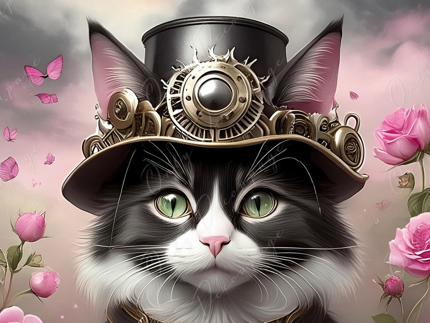 Steampunk Cat with Hat Rice Paper - Decoupage Furniture