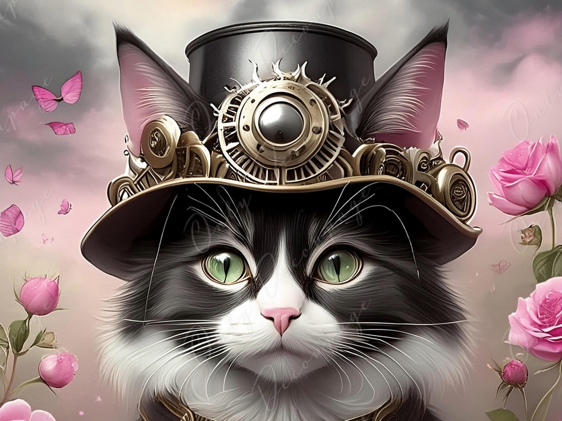 Steampunk Cat with Hat Rice Paper - Decoupage Furniture