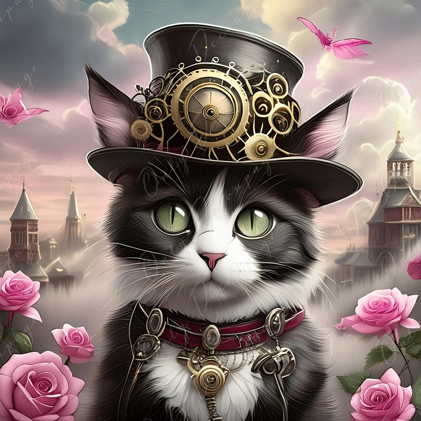 Cat with Hat - Decoupage Paper for Furniture - Rice Paper - Decoupage Paper - Steampunk