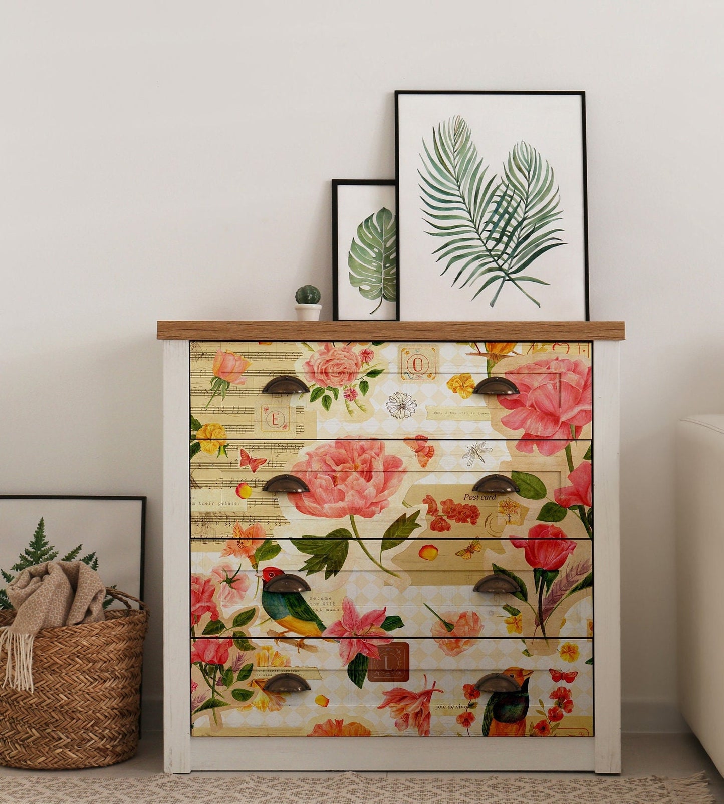 Large Decoupage for Furniture - Vintage Decoupage - Floral Decoupage Paper - Rice Paper - Pink Orange Flowers Exotic Bird