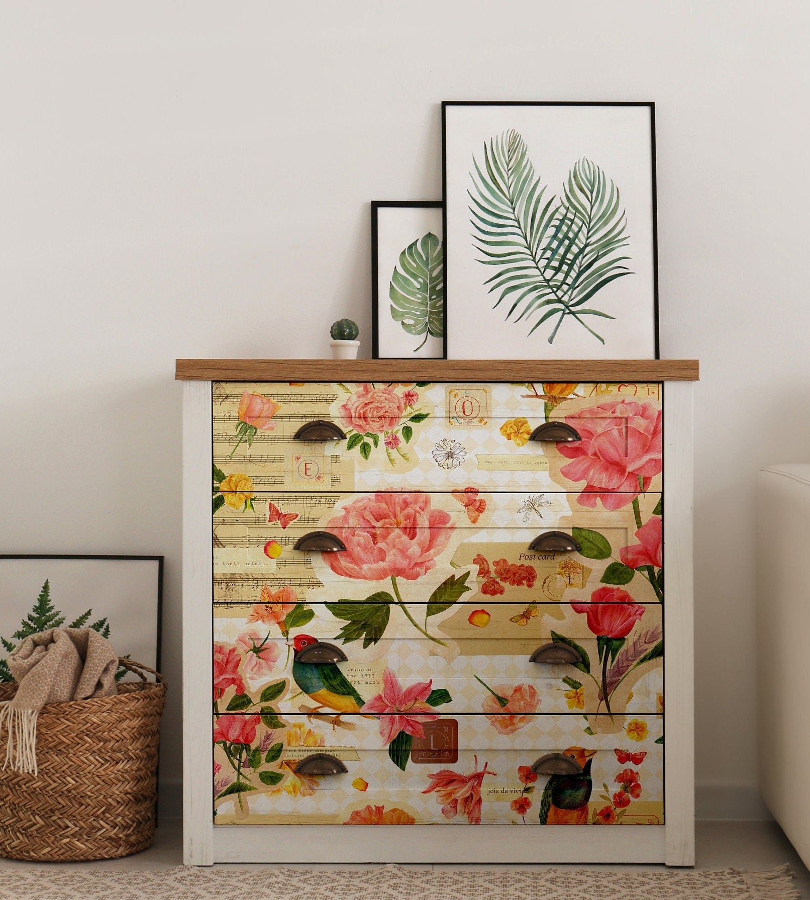 Large Decoupage for Furniture - Vintage Decoupage - Floral Decoupage Paper - Rice Paper - Pink Orange Flowers Exotic Bird