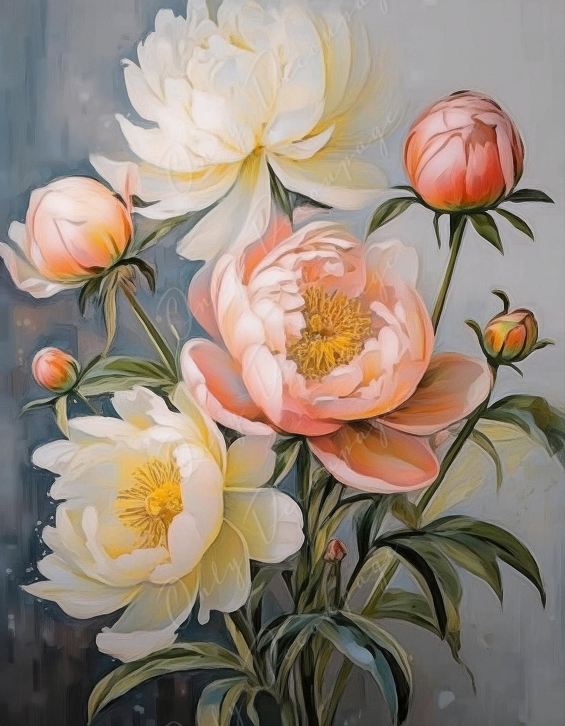 Peonies - Large Decoupage Paper - Rice Paper Decoupage for Furniture - Dark Background - Floral Decoupage