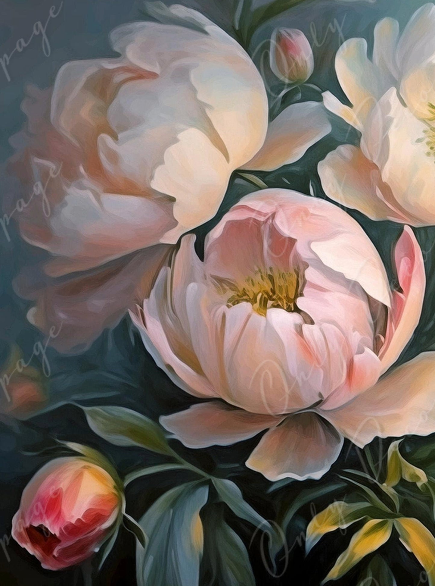 Peonies - Large Decoupage Paper - Rice Paper Decoupage for Furniture - Dark Background - Floral Decoupage