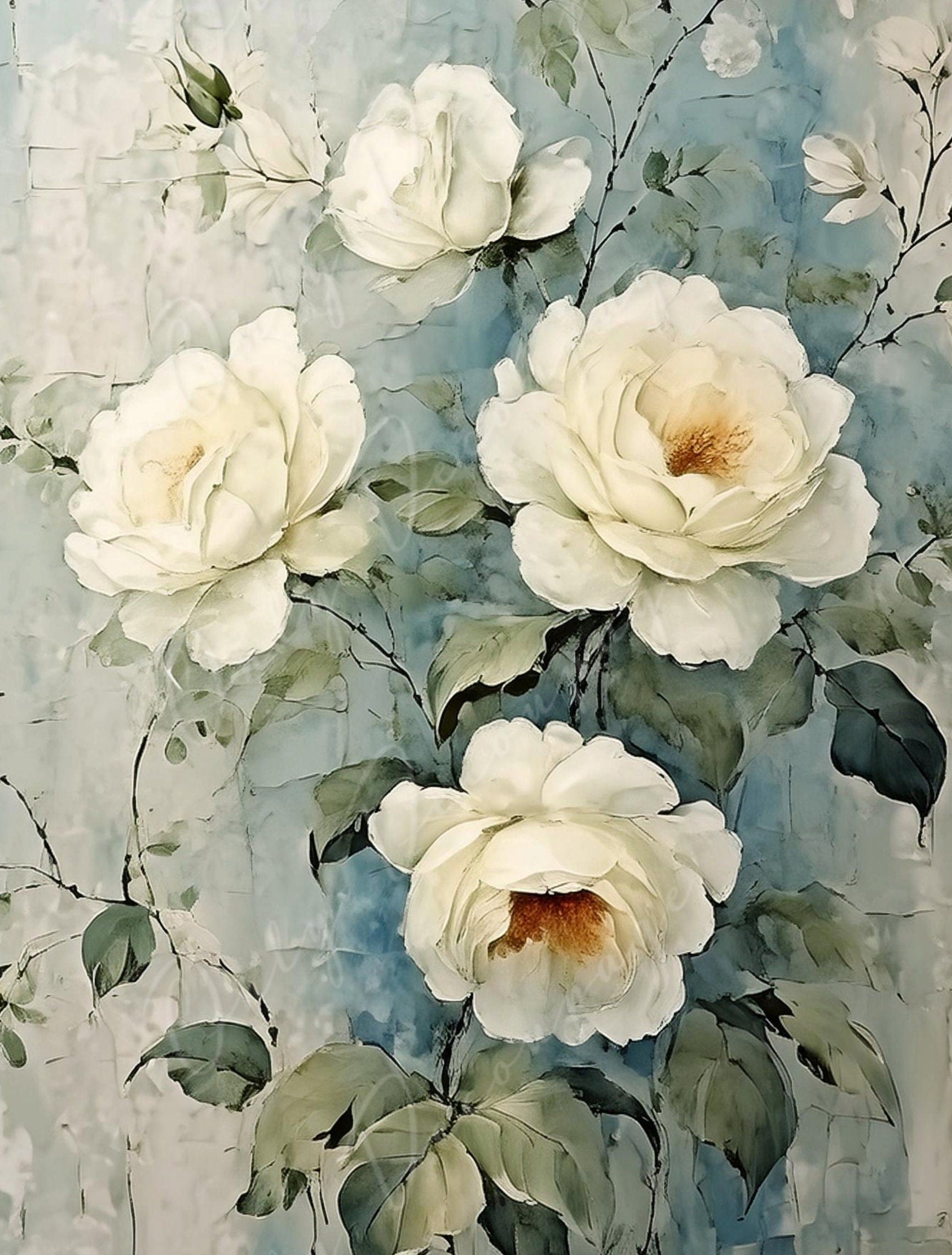 White Roses - Large Decoupage Paper - Rice Paper Decoupage for Furniture - Blossom - Floral Decoupage