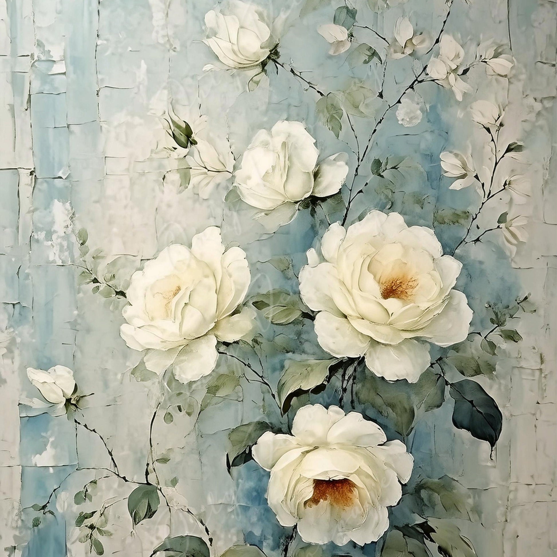 White Roses - Large Decoupage Paper - Rice Paper Decoupage for Furniture - Blossom - Floral Decoupage