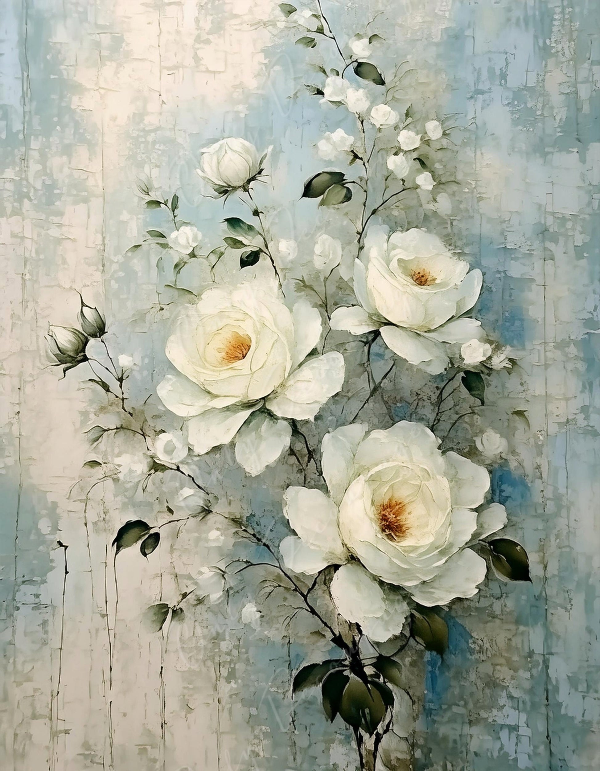 White Roses - Large Decoupage Paper - Rice Paper Decoupage for Furniture - Blossom - Floral Decoupage