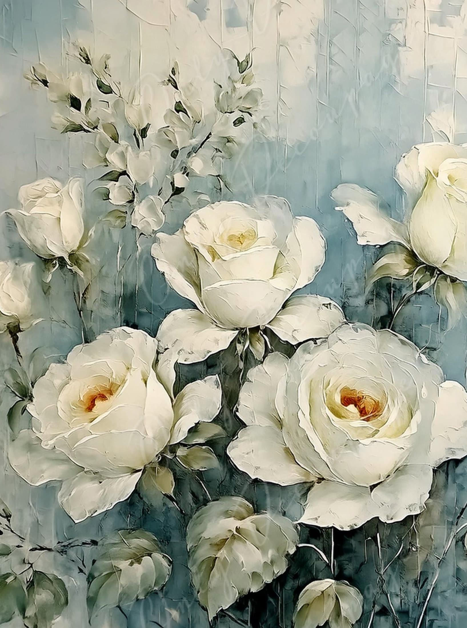 White Roses - Large Decoupage Paper - Rice Paper Decoupage for Furniture - Blossom - Floral Decoupage