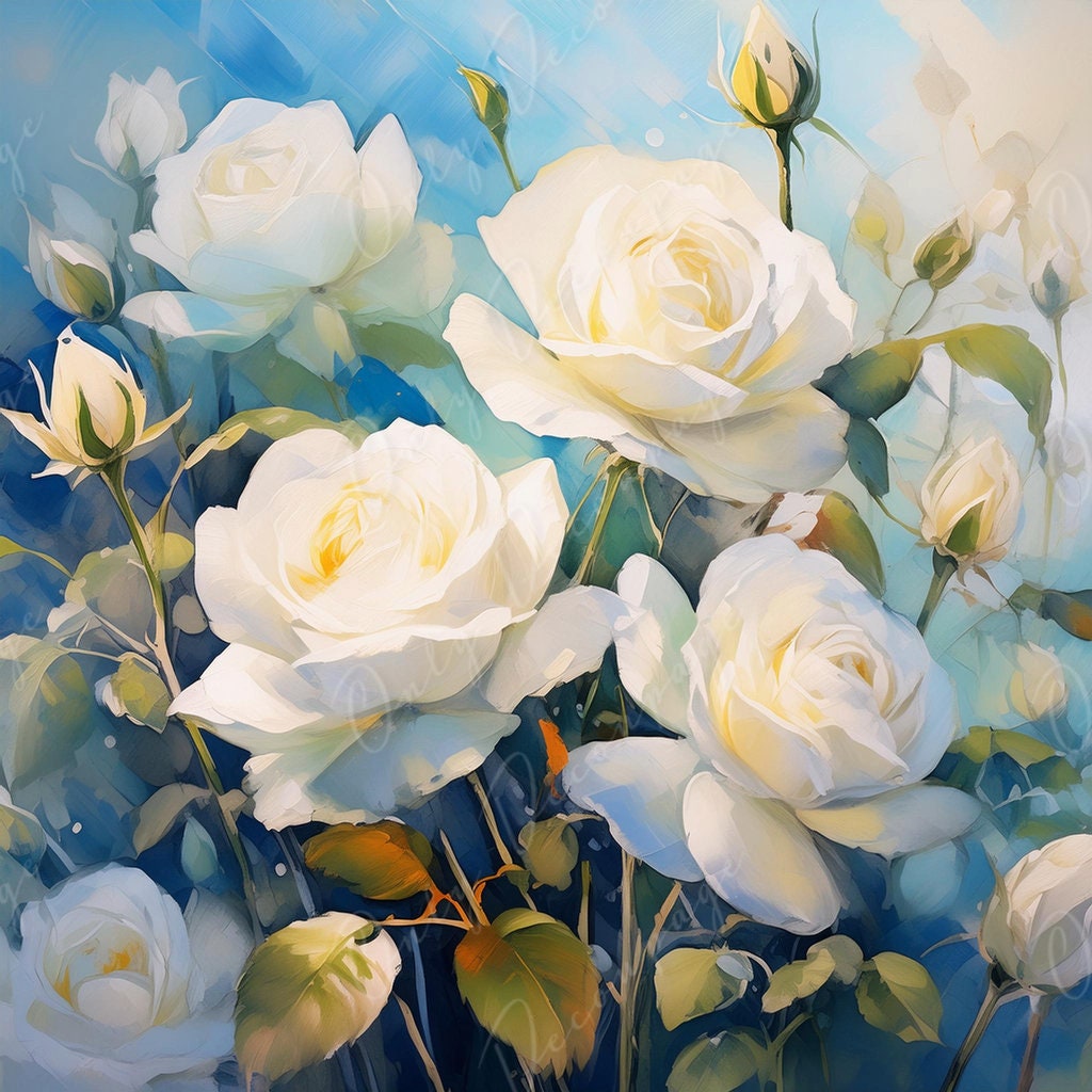 White Roses - Large Decoupage Paper - Rice Paper Decoupage for Furniture - Blossom - Floral Decoupage - Blue