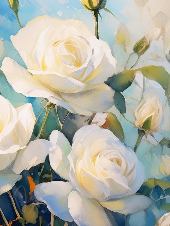 White Roses - Large Decoupage Paper - Rice Paper Decoupage for Furniture - Blossom - Floral Decoupage - Blue