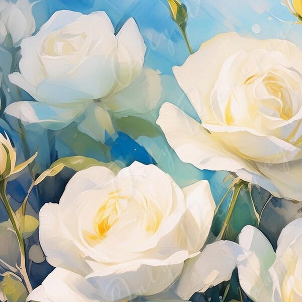 White Roses - Large Decoupage Paper - Rice Paper Decoupage for Furniture - Blossom - Floral Decoupage - Blue