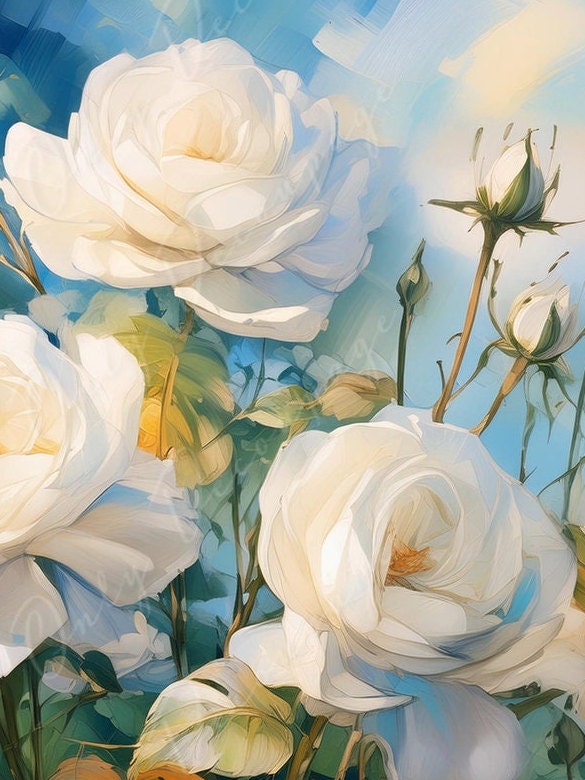 White Roses - Large Decoupage Paper - Rice Paper Decoupage for Furniture - Blossom - Floral Decoupage - Blue