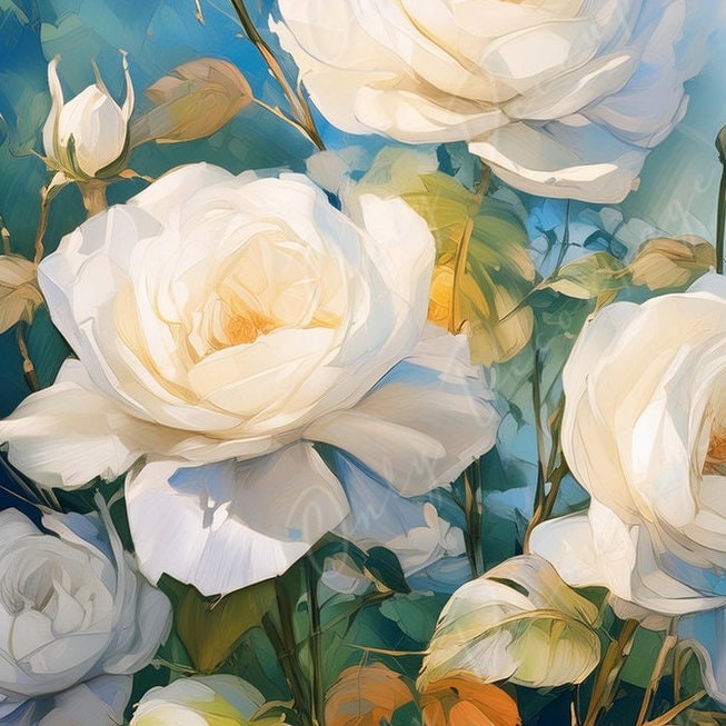 White Roses - Large Decoupage Paper - Rice Paper Decoupage for Furniture - Blossom - Floral Decoupage - Blue