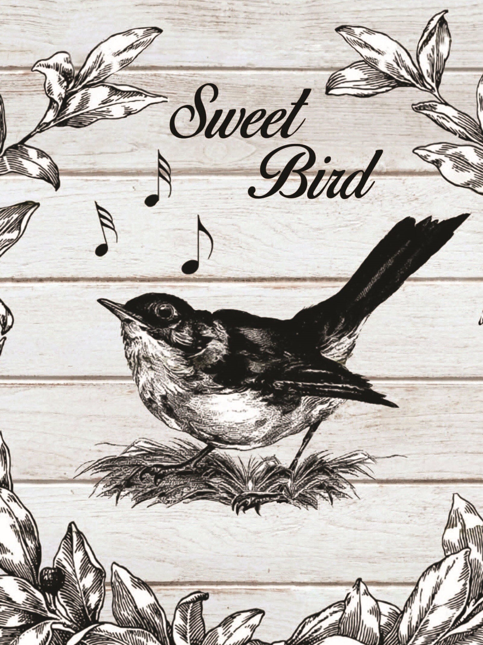 Sweet Bird - Floral - Large Decoupage Paper for Furniture - Rice Paper for Decoupage - Black & White