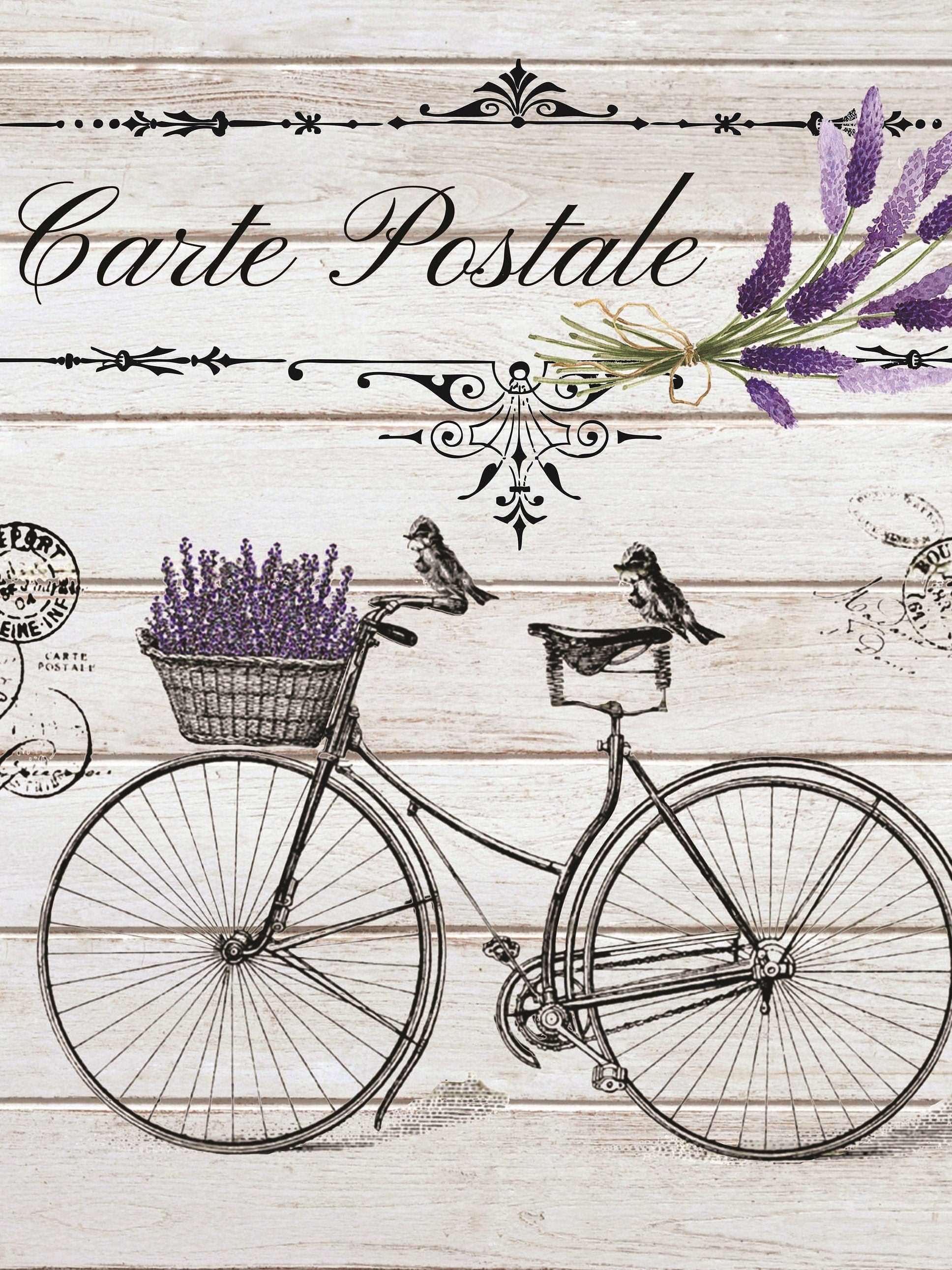 Carte Postale - Birds - Floral - Large Decoupage Paper for Furniture - Rice Paper for Decoupage - Purple & Green
