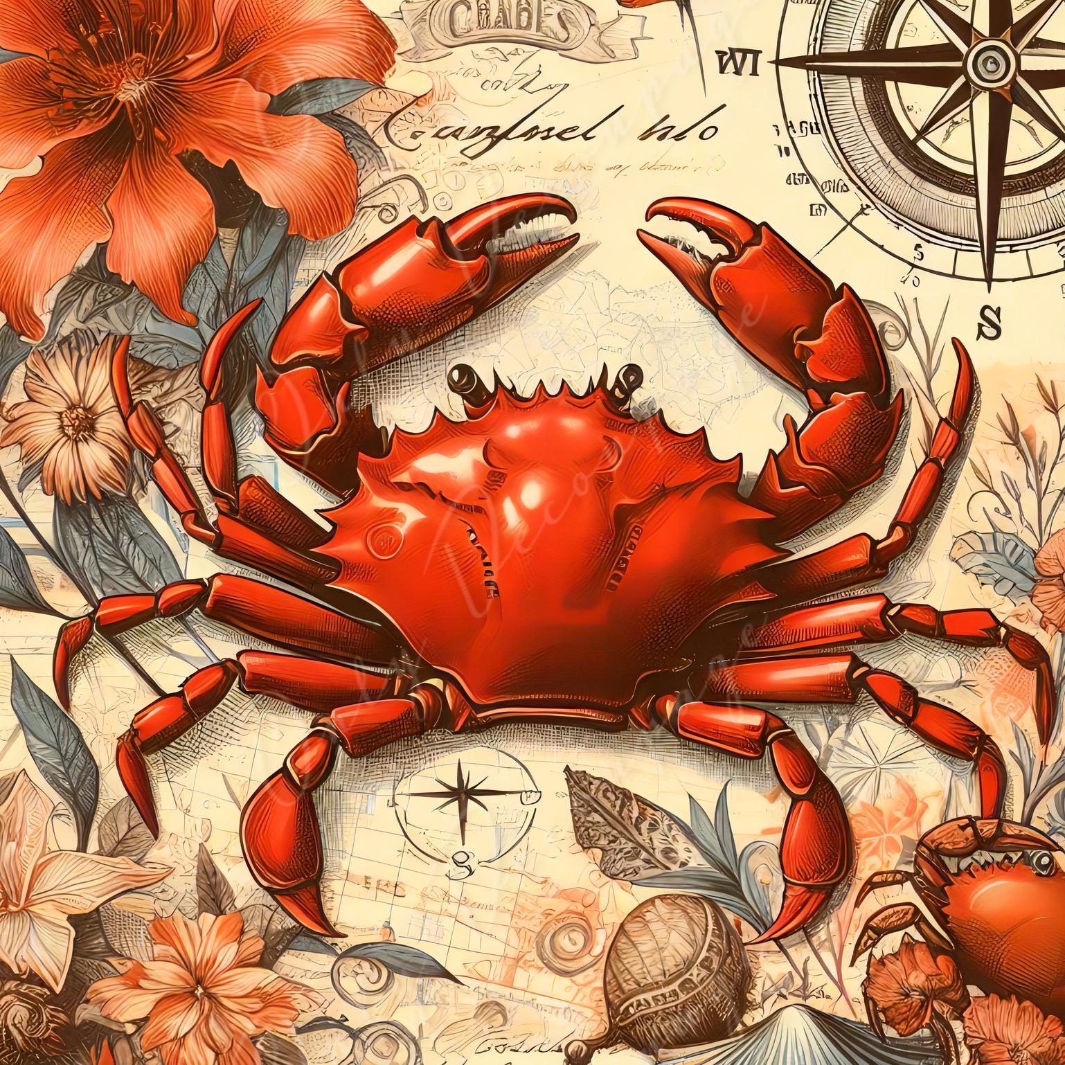 Large Decoupage Paper for Furniture - Red Crap - Rice Paper - Decoupage Paper - Coastal Life - Compass - Red Flowers