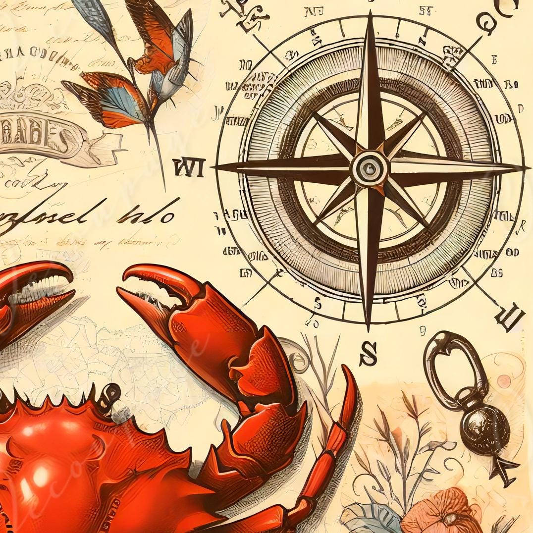 Large Decoupage Paper for Furniture - Red Crap - Rice Paper - Decoupage Paper - Coastal Life - Compass - Red Flowers