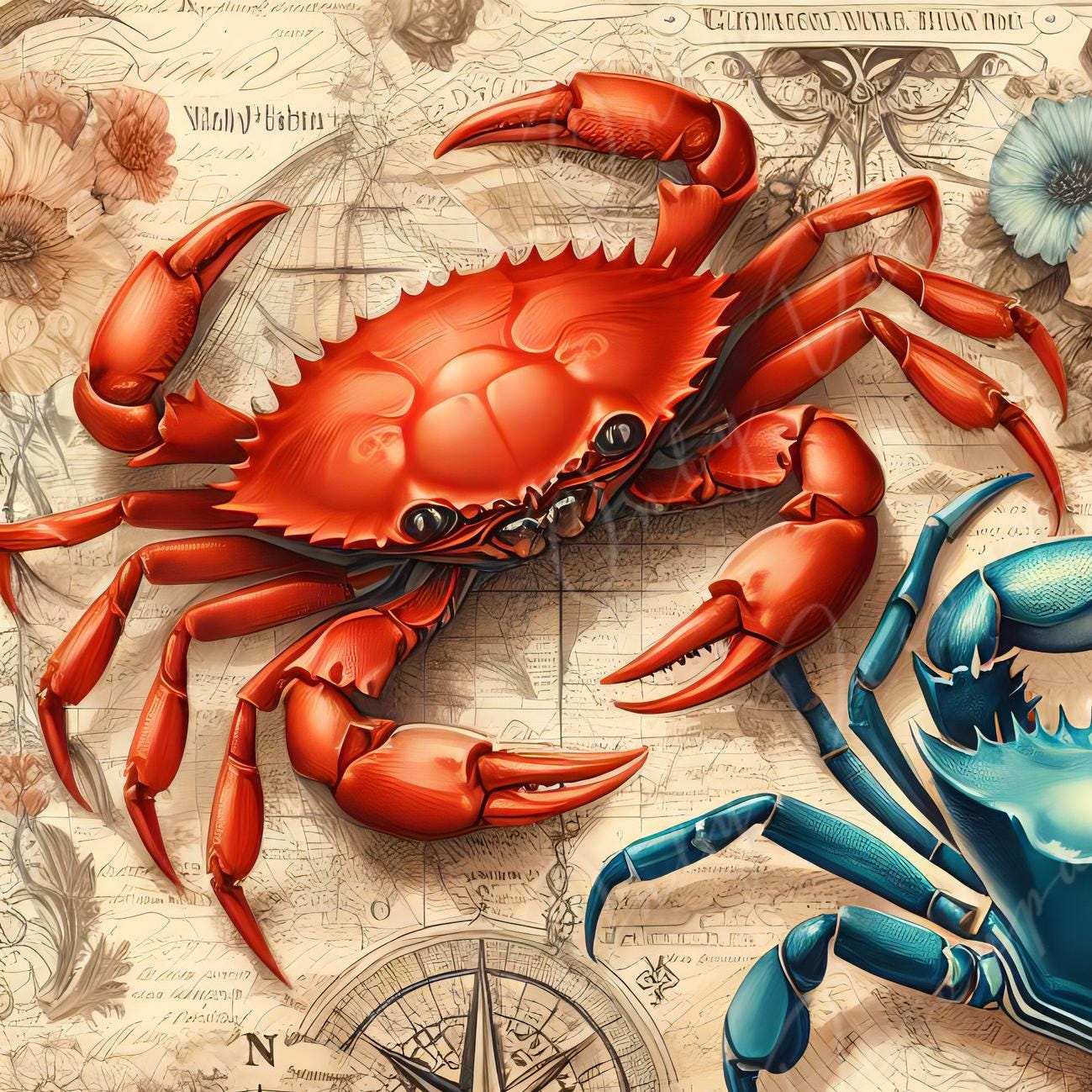 Large Decoupage Paper for Furniture - Red Crap - Rice Paper - Decoupage Paper - Coastal Life - Compass - Floral