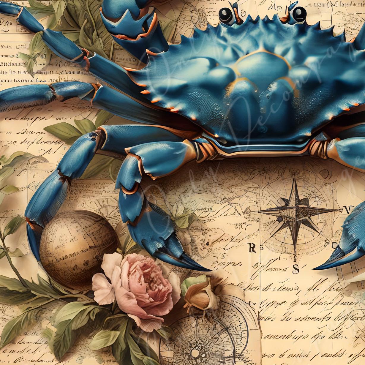 Large Decoupage Paper for Furniture - Blue Crap - Rice Paper - Decoupage Paper - Coastal Life - Compass - Floral