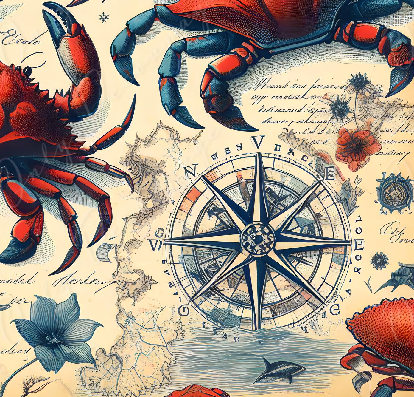 Large Decoupage Paper for Furniture - Blue Red Crap - Rice Paper - Decoupage Paper - Coastal Life - Compass - Floral
