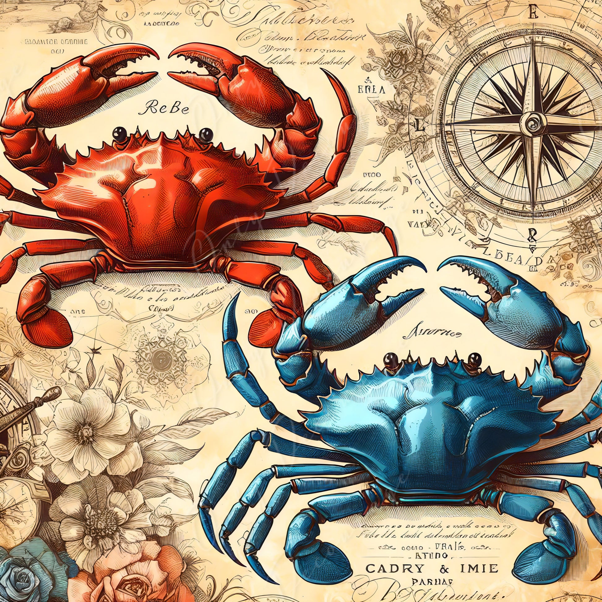 red and blue crabs decoupage paper