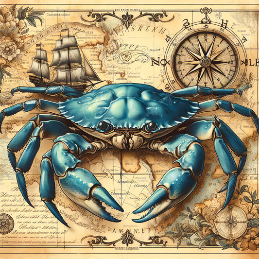 Blue Crab Decoupage Paper – Vintage Map, Coastal Furniture Rice Paper