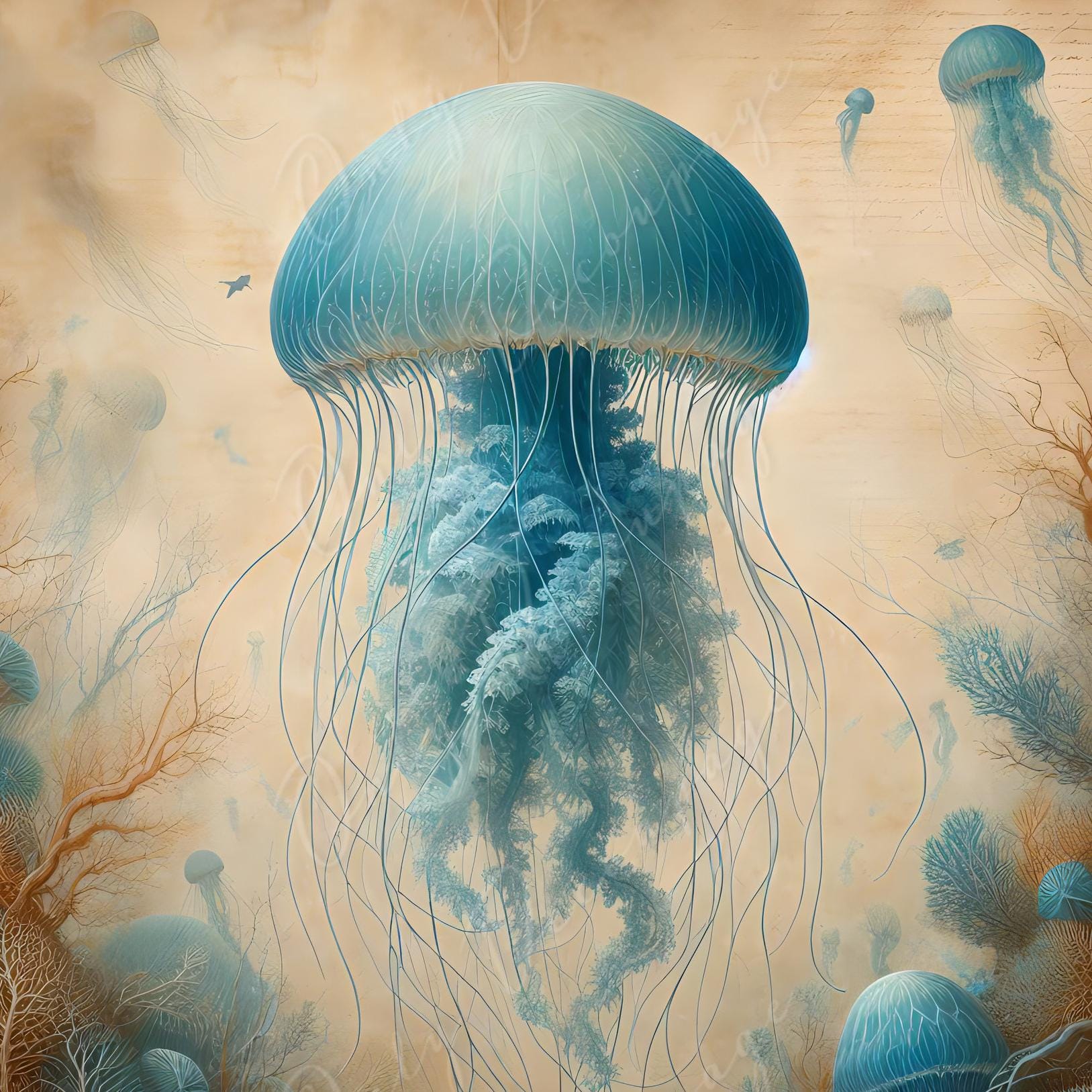 Large Decoupage Paper for Furniture - Blue Jellyfish - Rice Paper - Decoupage Paper - Sea Creatures - Vintage Canvas