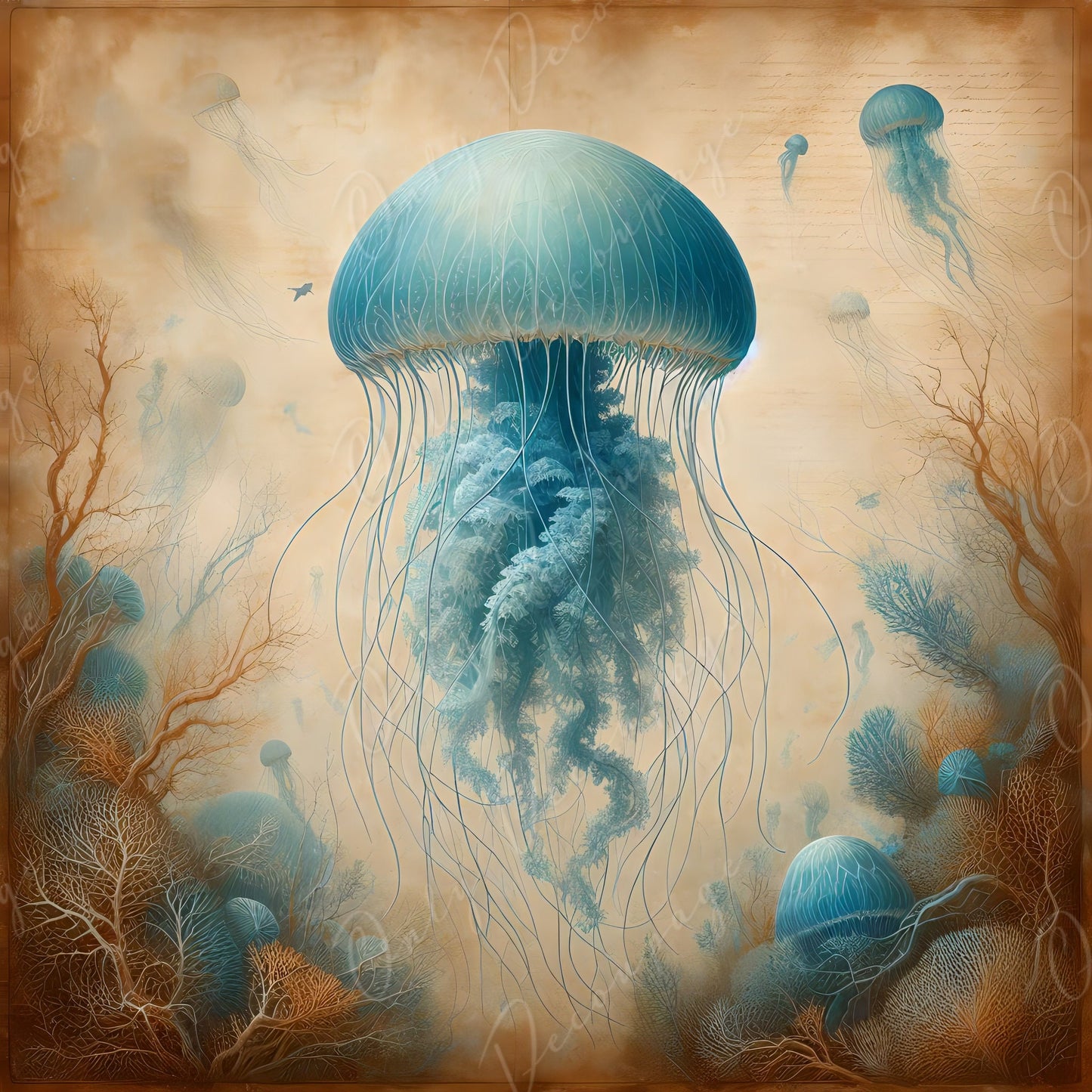 Large Decoupage Paper for Furniture - Blue Jellyfish - Rice Paper - Decoupage Paper - Sea Creatures - Vintage Canvas