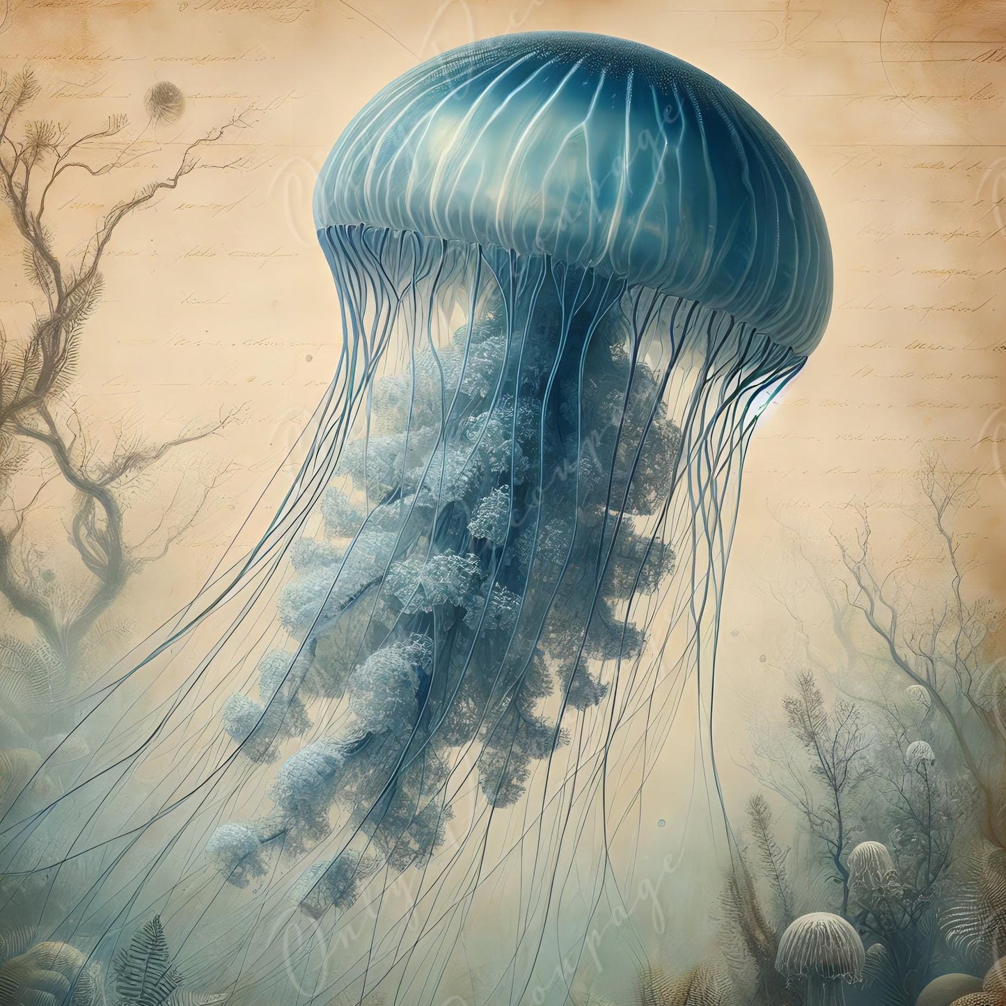 Large Decoupage Paper for Furniture - Blue Jellyfish - Rice Paper - Decoupage Paper - Sea Creatures - Vintage Canvas