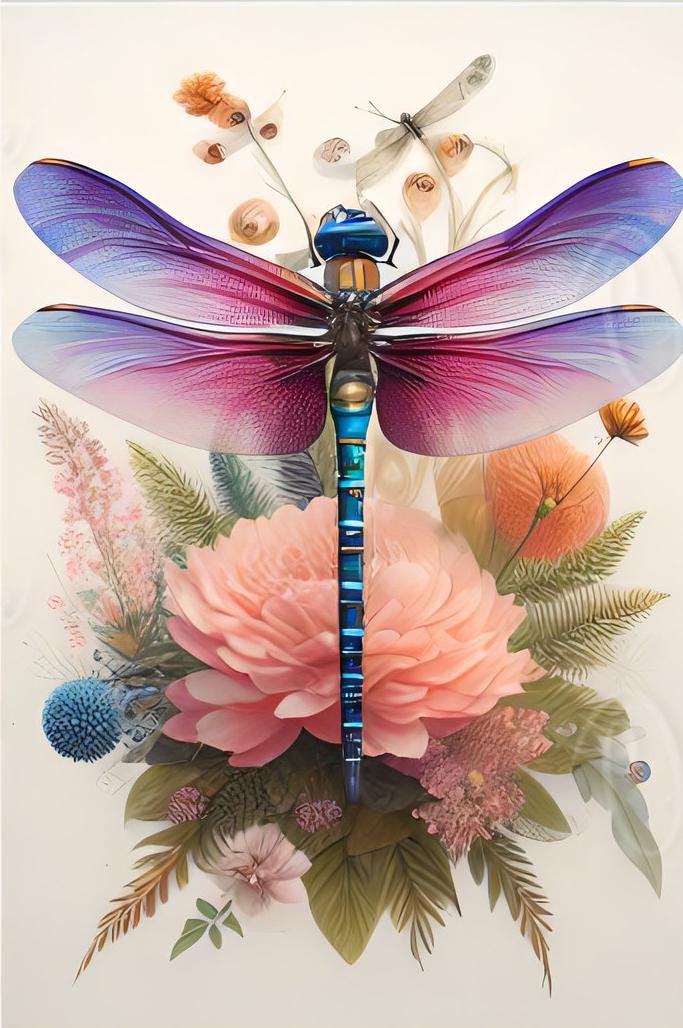 Large Decoupage Paper for Furniture - Dragonfly - Rice Paper - Decoupage Paper - Floral Illustrations