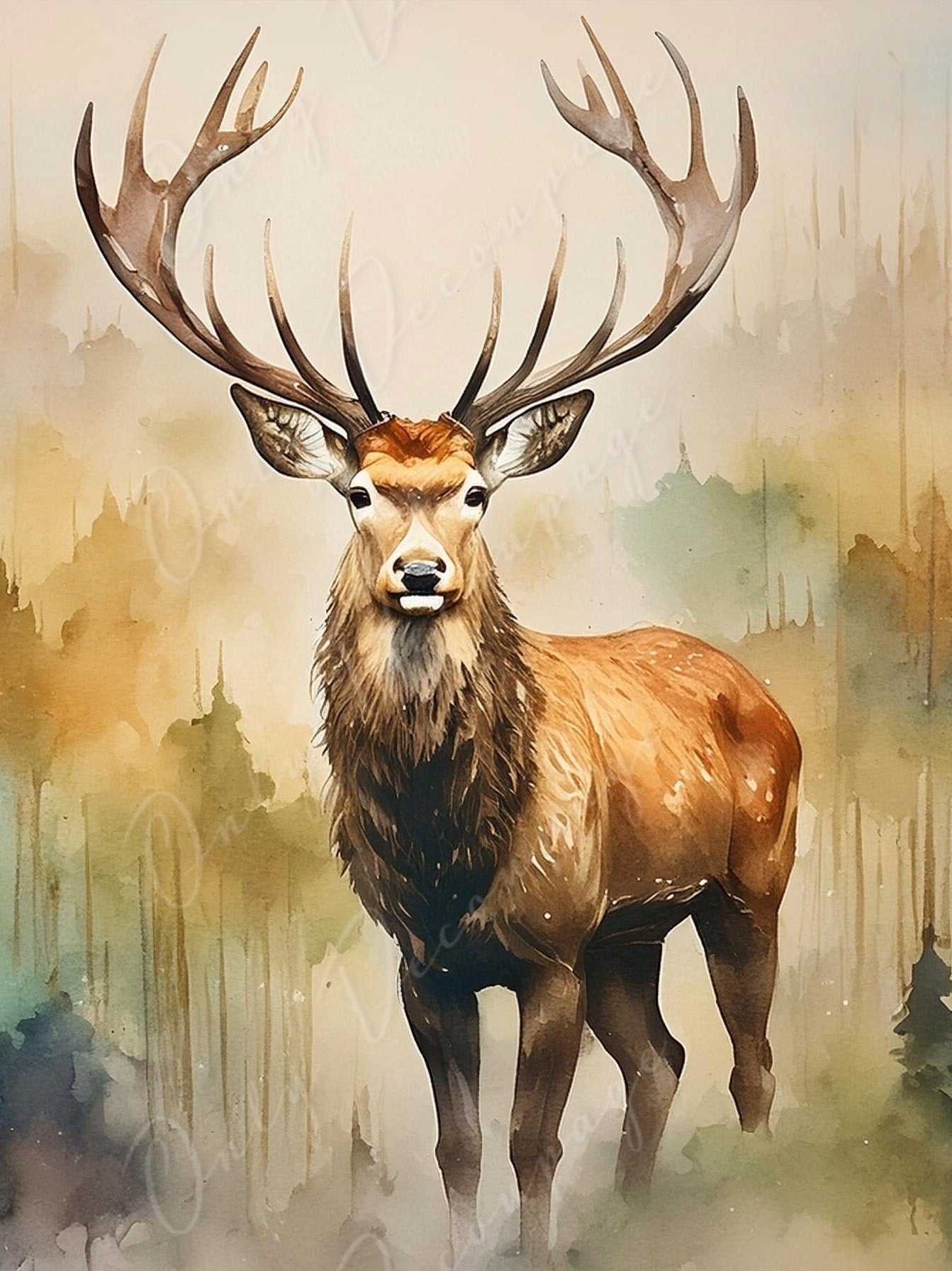 Deer - Large Decoupage Paper for Furniture - Rice Paper - Decoupage Paper - Elk - Watercolor