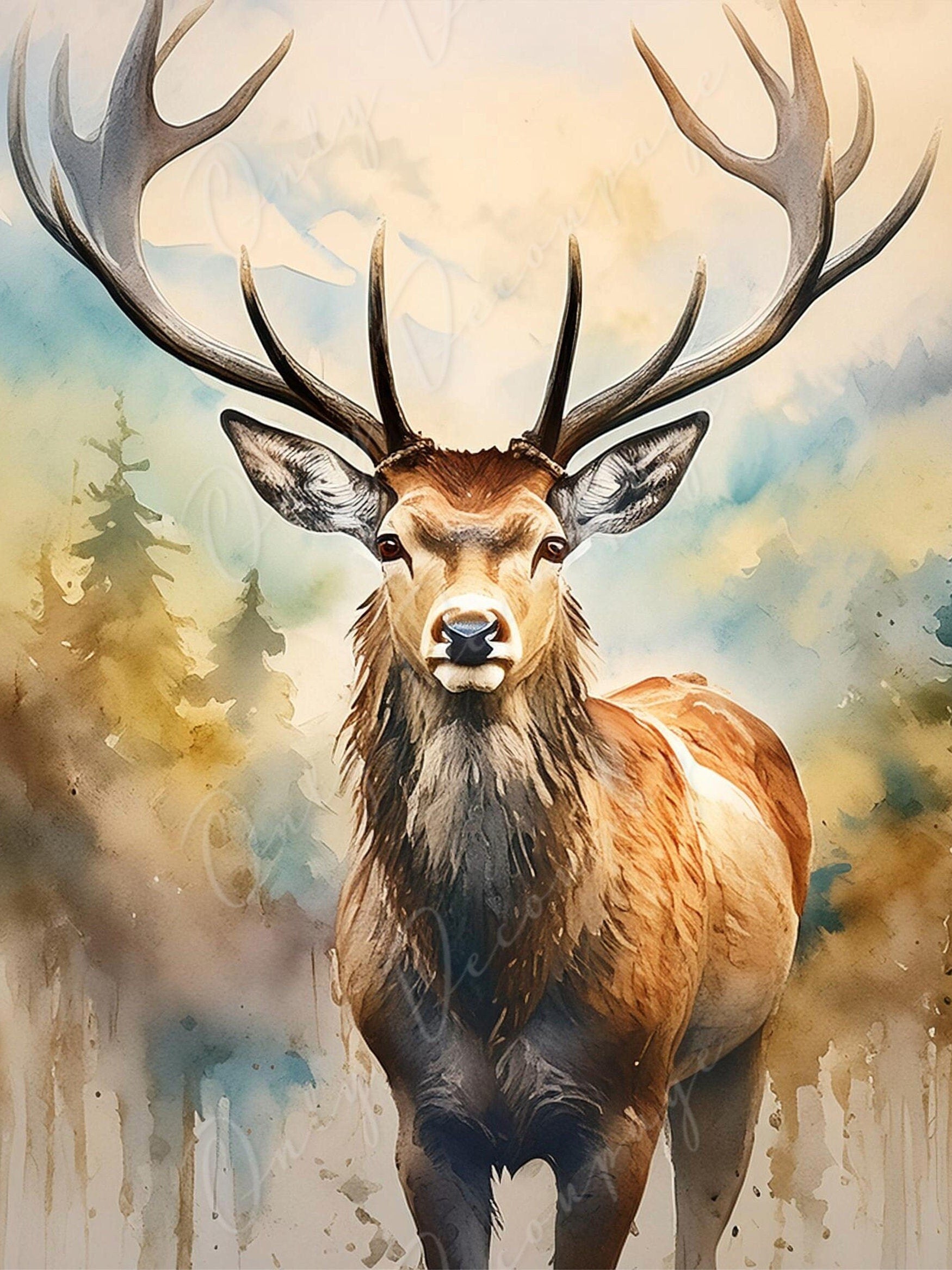 Deer - Large Decoupage Paper for Furniture - Rice Paper - Decoupage Paper - Elk - Watercolor