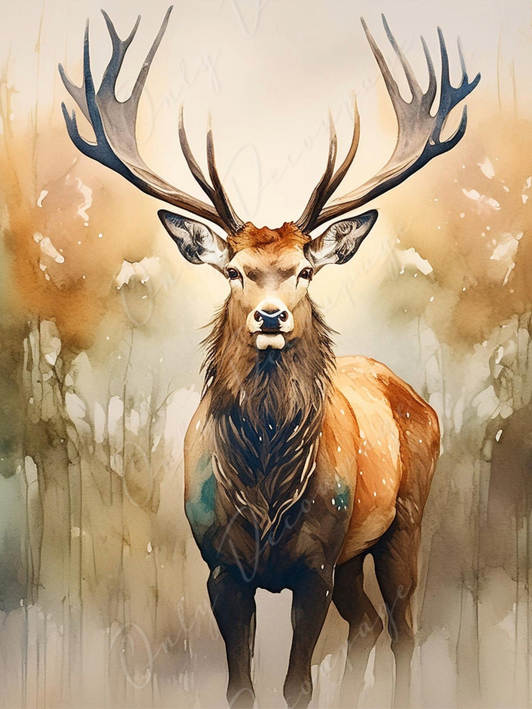 Deer - Large Decoupage Paper for Furniture - Rice Paper - Decoupage Paper - Elk - Watercolor