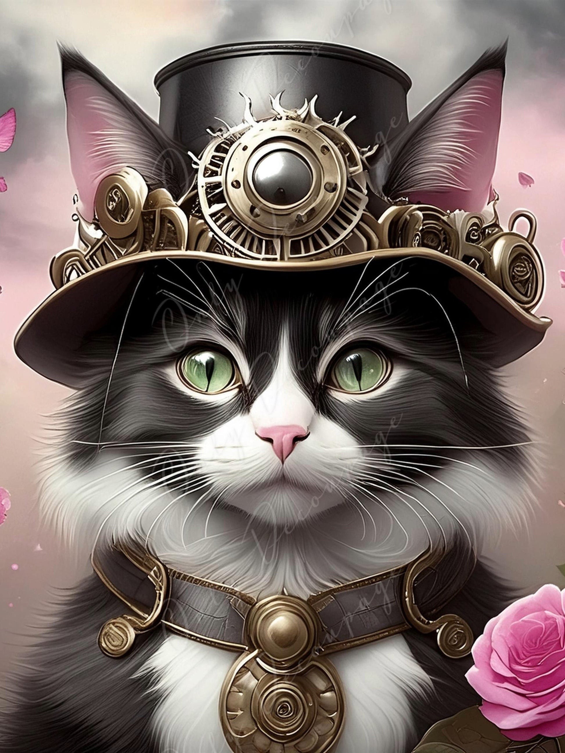 Steampunk Cat with Hat Rice Paper - Decoupage Furniture