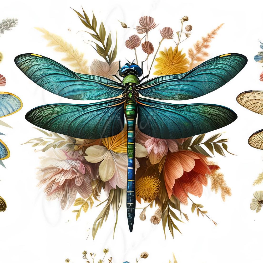 Large Decoupage Paper for Furniture - Dragonfly - Rice Paper - Decoupage Paper - Floral Illustrations