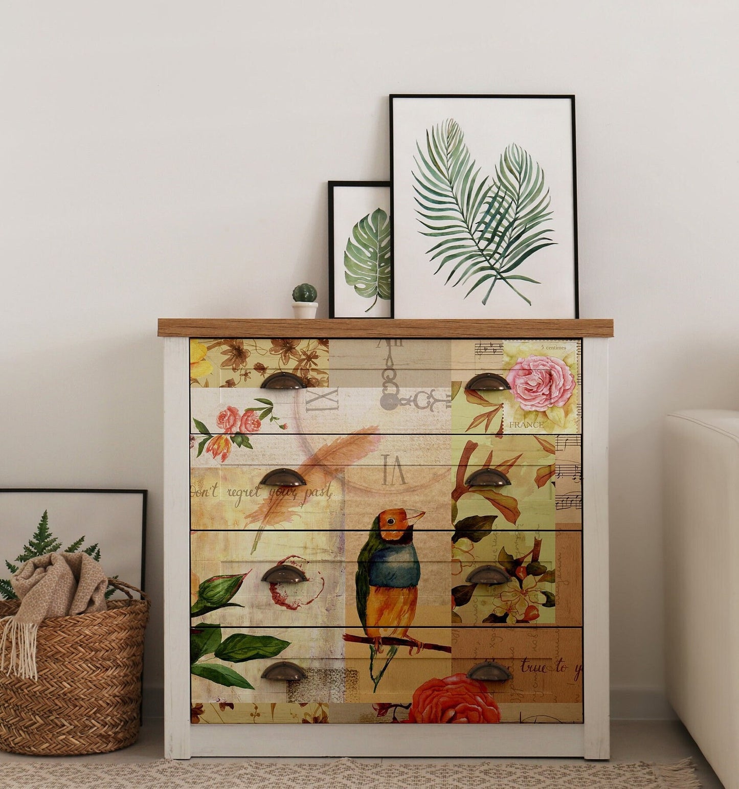 Large Decoupage for Furniture - Vintage Decoupage - Floral Decoupage Paper - Rice Paper - Pink Red Flowers Exotic Bird