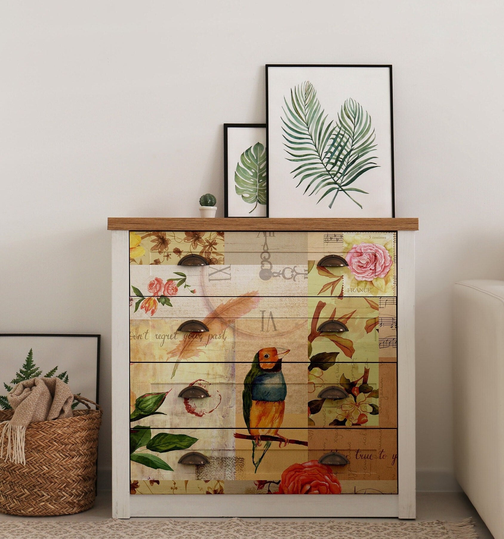 Large Decoupage for Furniture - Vintage Decoupage - Floral Decoupage Paper - Rice Paper - Pink Red Flowers Exotic Bird