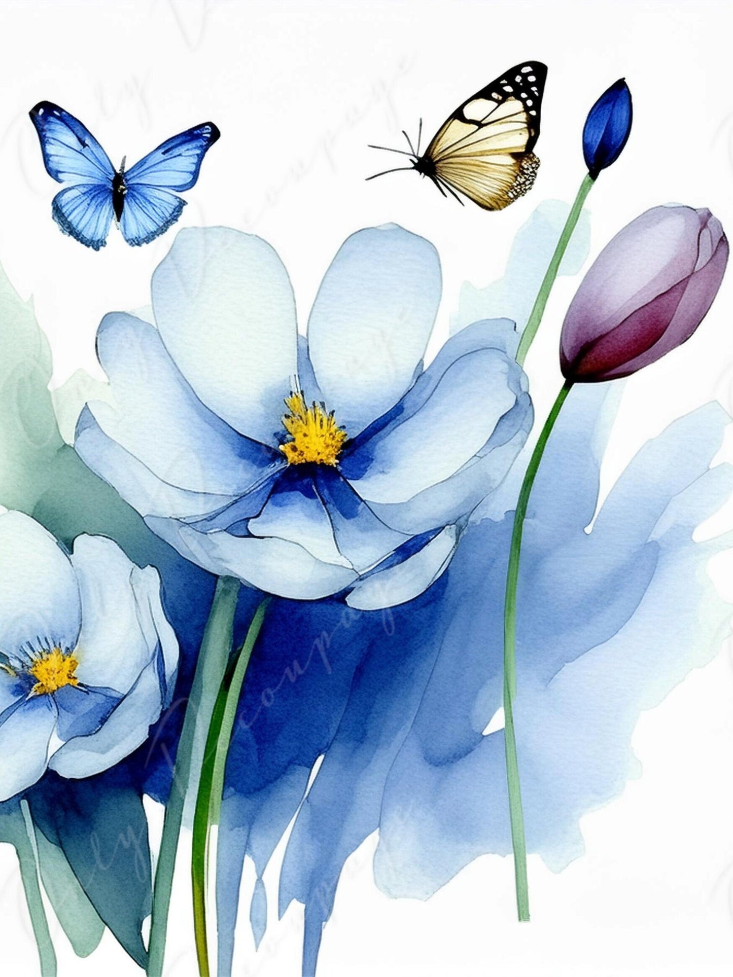 Watercolor Flowers - Large Decoupage Paper - Rice Paper Decoupage for Furniture - Butterfly - Floral Decoupage
