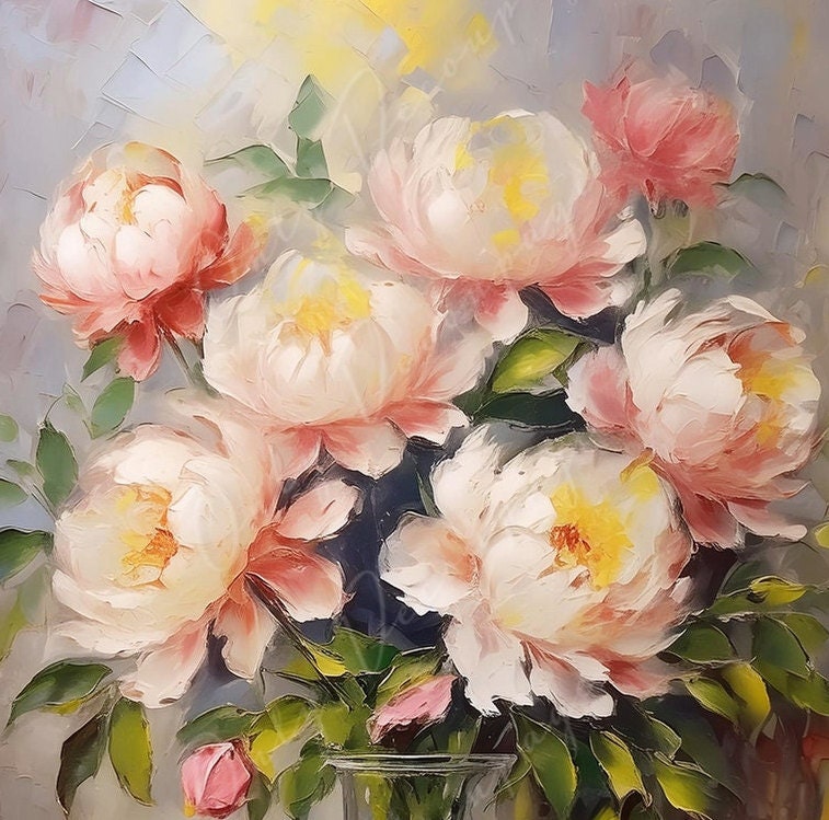 Oil Paint Peonies - Large Decoupage Paper - Rice Paper Decoupage for Furniture - Pastel Colors - Floral Decoupage