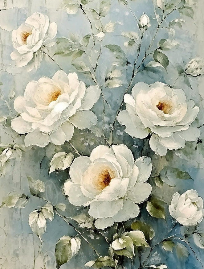 White Roses - Large Decoupage Paper - Rice Paper Decoupage for Furniture - Blossom - Floral Decoupage