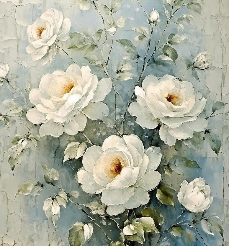 White Roses - Large Decoupage Paper - Rice Paper Decoupage for Furniture - Blossom - Floral Decoupage
