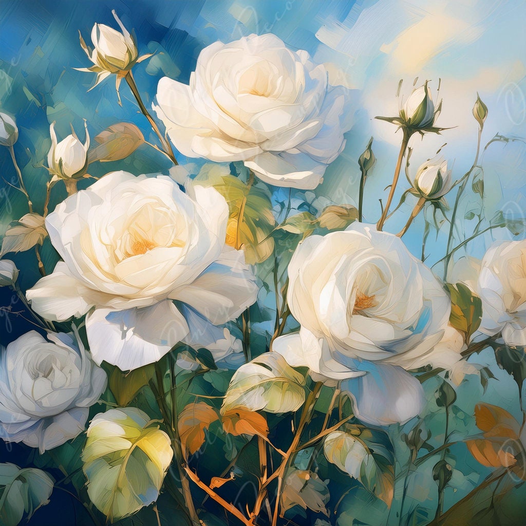 White Roses - Large Decoupage Paper - Rice Paper Decoupage for Furniture - Blossom - Floral Decoupage - Blue