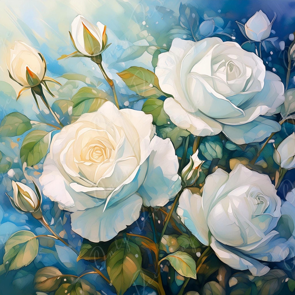 White Roses - Large Decoupage Paper - Rice Paper Decoupage for Furniture - Blossom - Floral Decoupage - Blue