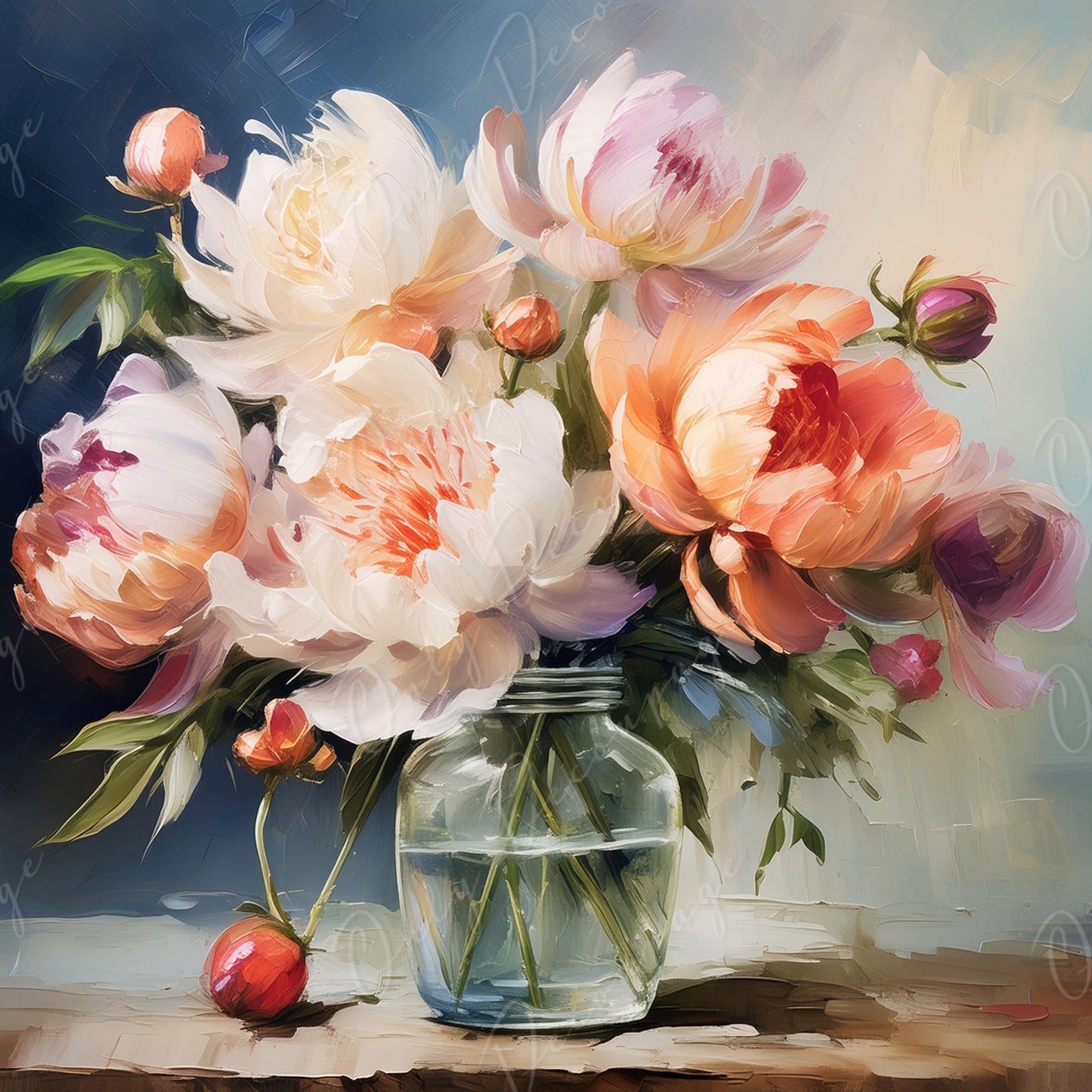 Peonies - Large Decoupage Paper - Rice Paper Decoupage for Furniture - Blossom - Floral Decoupage - Blue
