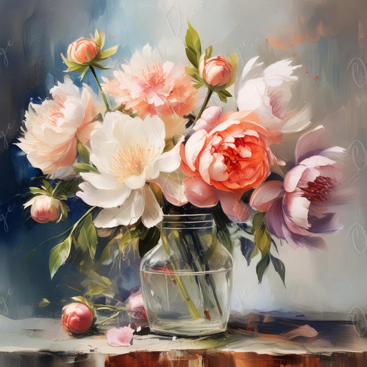 Pastel Peonies - Large Decoupage Paper - Rice Paper Decoupage for Furniture - Blossom - Floral Decoupage - Blue